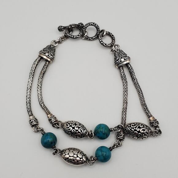 Vtg Artisan Sterling Silver Foxtail Turquoise and Filigree Beaded Bracelet - Picture 2 of 6